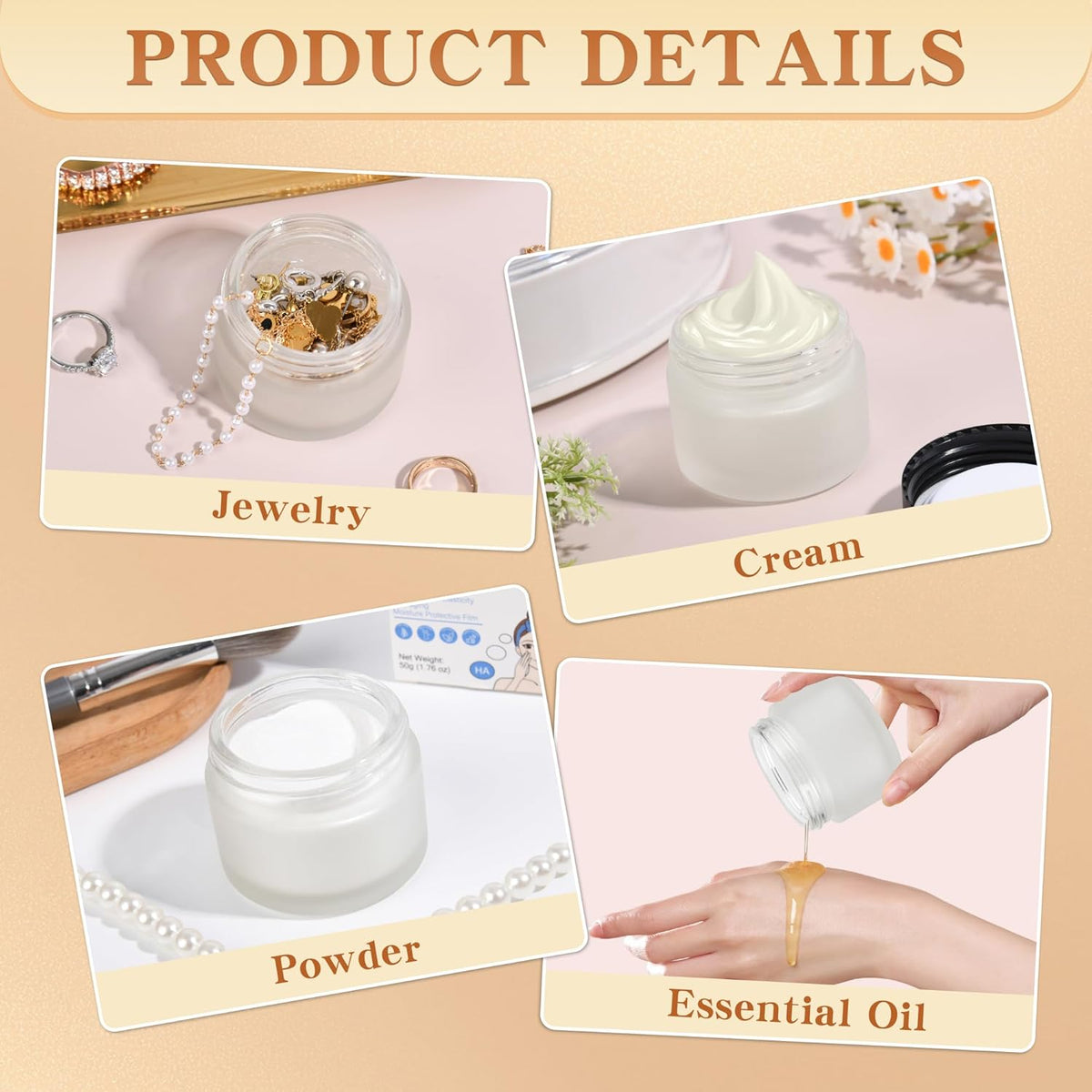 Glass Jars with Lids,Eco-Friendly Cosmetic Containers with Airtight Black Lids & Liners, Multi-Color Options for Cream, Lotion, Body Butter, DIY Skincare Travel Jars (Clear Frosted, 2oz)