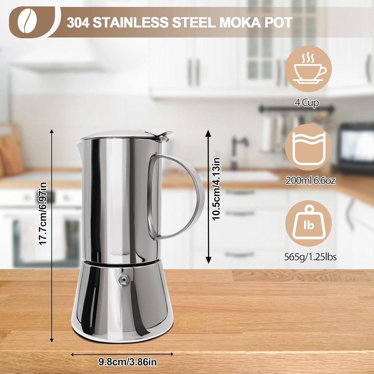 Uncoated 4 Cup Moka Pot 304 Thickened Stainless Steel Coffee Maker Stovetop Espresso Coffeemaker Italian Classic Style Brewing Greca Cafe Mocha Machine for Cafeteras Camping Travel Home 200ml 6.6oz
