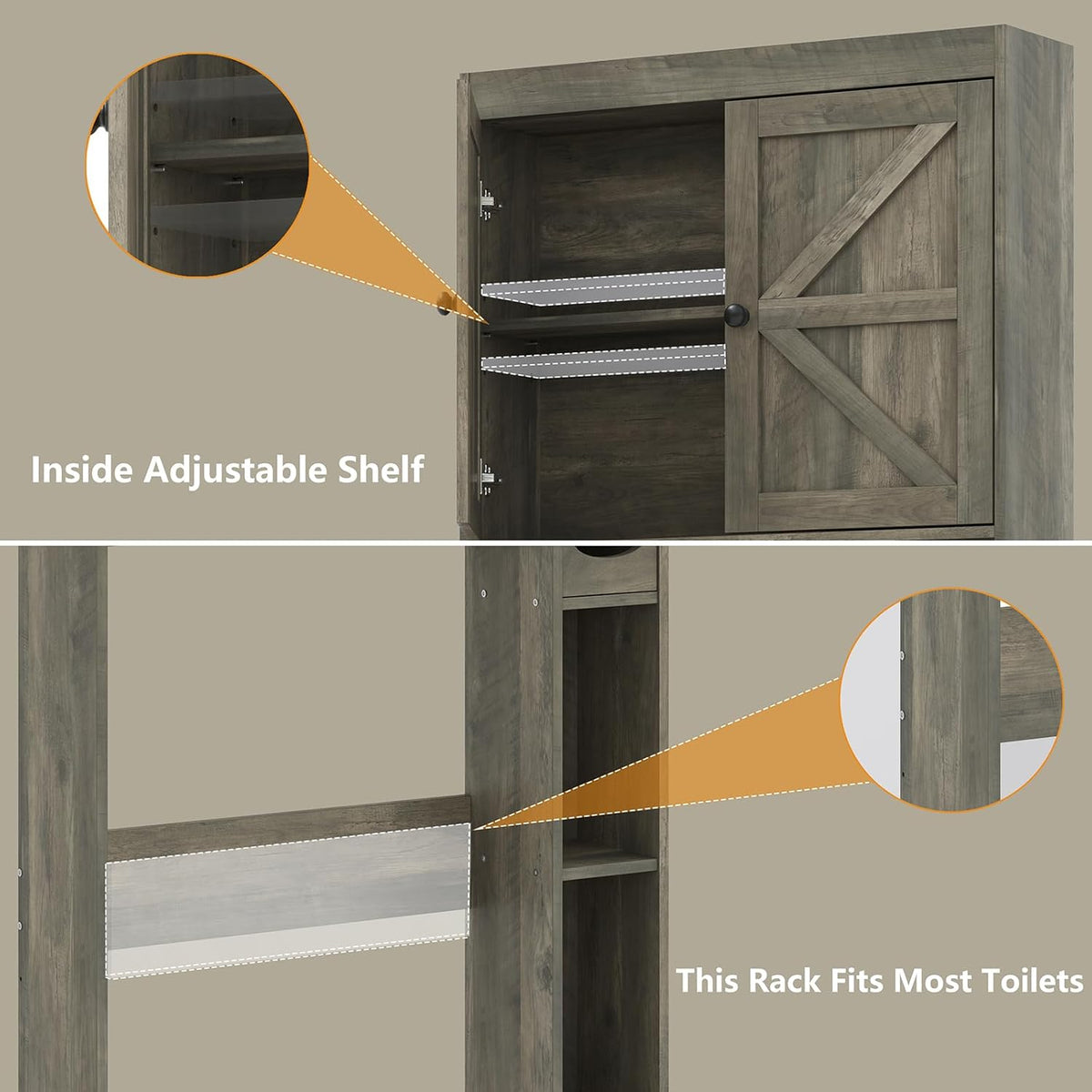 Furnideco 32.3''W Over The Toilet Storage Cabinet with Barn Doors, Over Toilet Shelf Farmhouse Storage Cabinet Space Saver with Toilet Paper Holder & Adjustable Bottom Bar, Gray