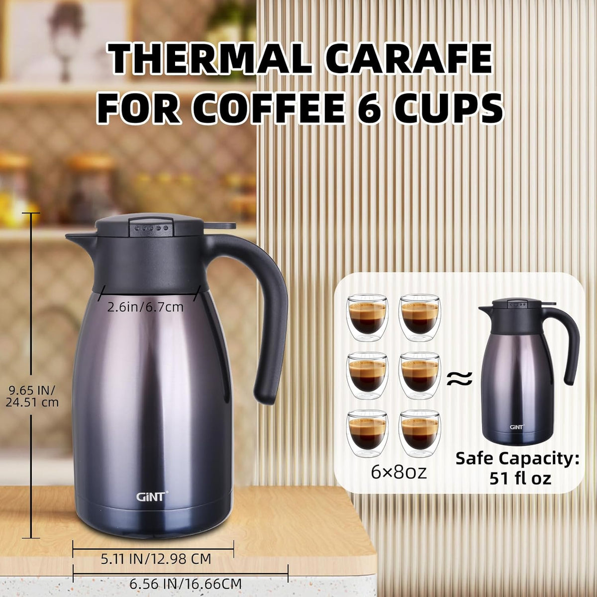 GiNT 51Oz Stainless Steel Thermal Coffee Carafe with Lid/Double Walled Vacuum Thermal Carafe / 12 Hour Heat Retention (Purple, 1.5L)