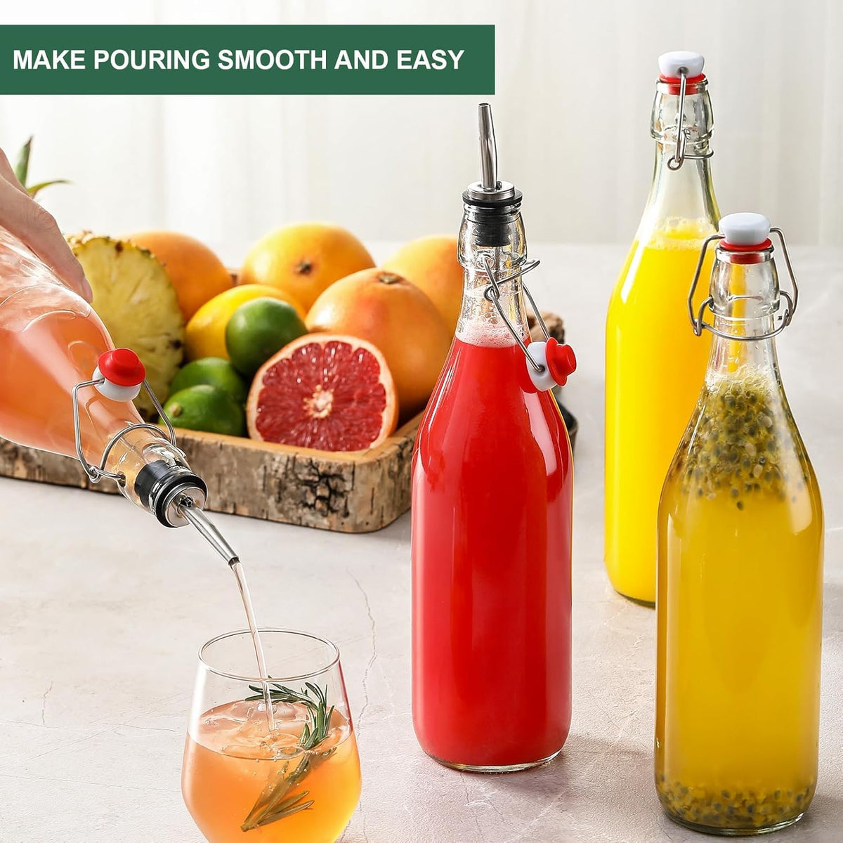 4 Pack [1 Liter / 33 fl. oz.] Swing Top Glass Bottles w/Airtight Stopper Lids – Flip Top Brewing Bottle for Fermentation, Kombucha, Mead, Vinegar, Beer, Kefir, Wine – With 4 Extra Seals & 2 Pourers