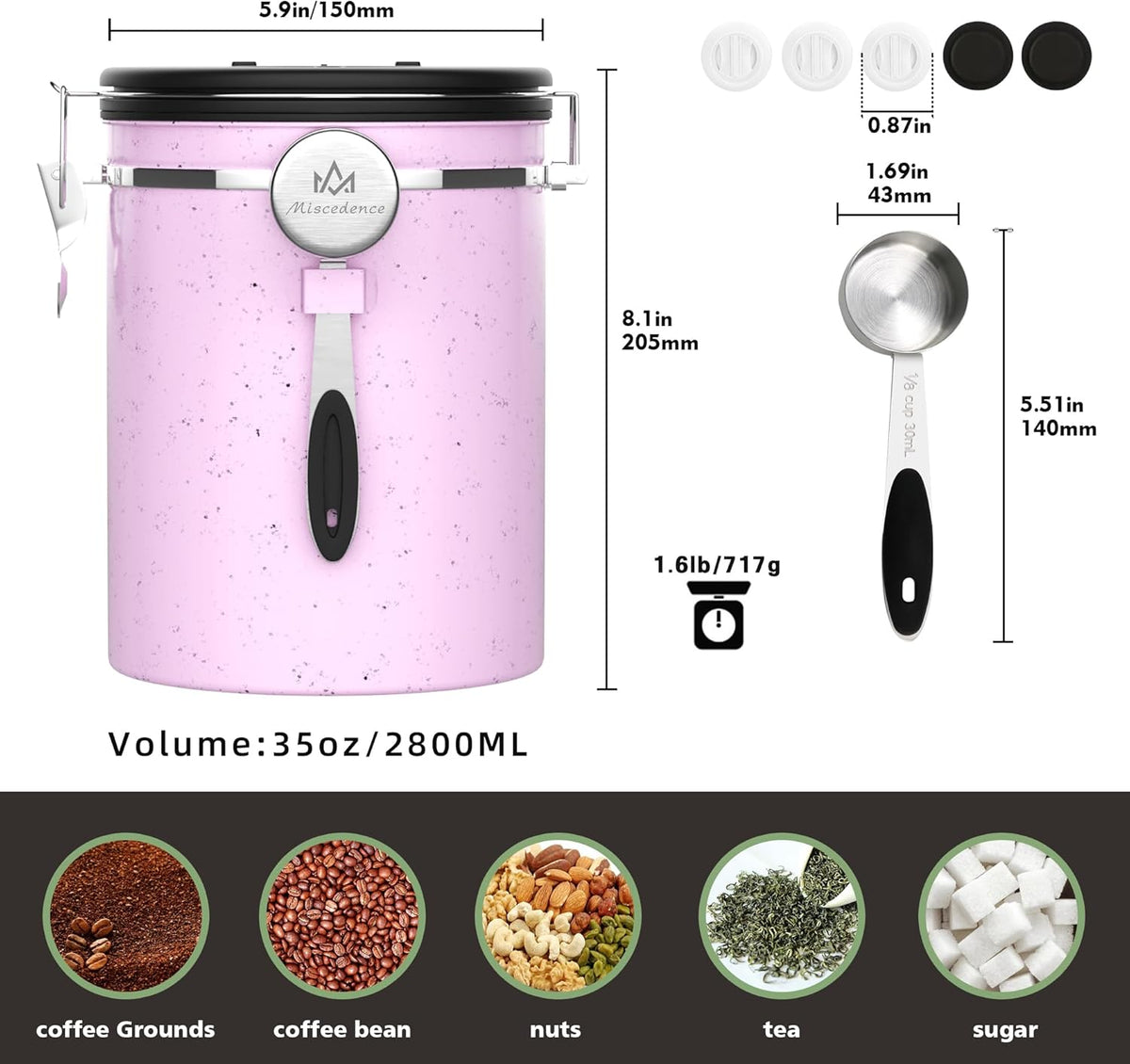 35OZ Coffee Canister for ground coffee with Date Tracker,pink 304 Stainless Steel Kitchen Food Airtight storage container for Coffee Beans or Grounds, Tea, Sugar