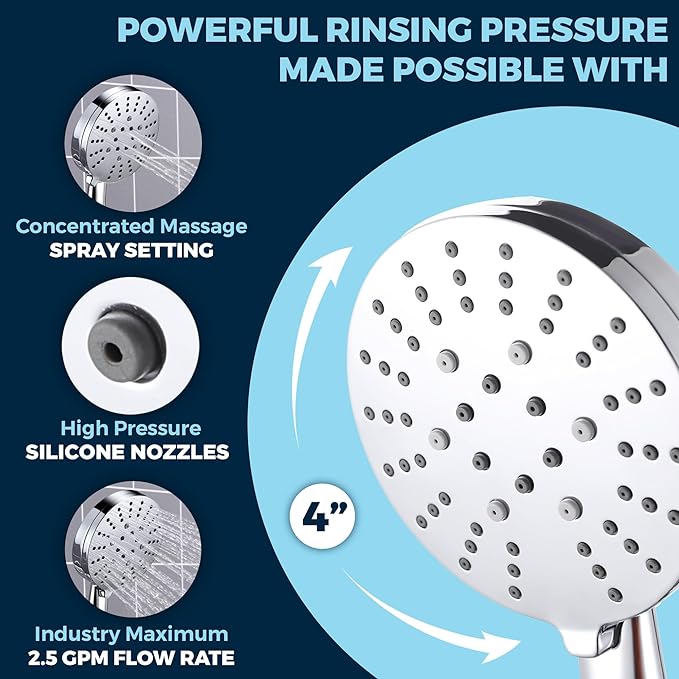 HammerHead Showers® Solid Metal 3-Spray Handheld Shower Head with Extra Long Hose and Shutoff Valve – Chrome - Perfect Dog Shower Head Attachment with 3 High Pressure Sprays - 2.5 GPM