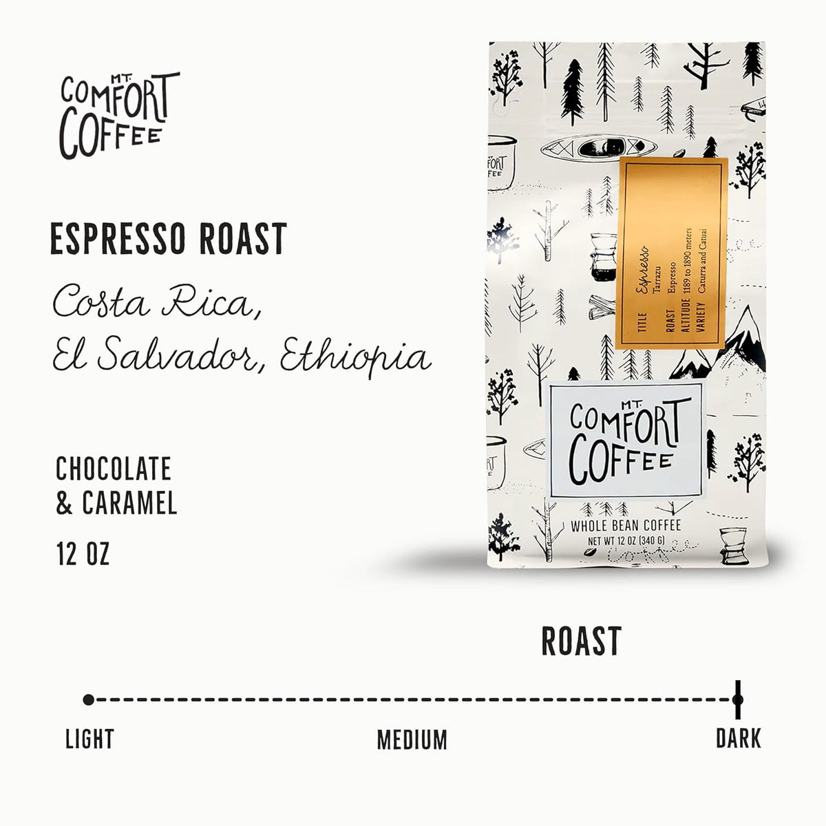 Mt. Comfort Coffee Espresso Roast, 12 Ounce - Flavor Notes of Chocolate & Caramel - Roasted Whole Beans