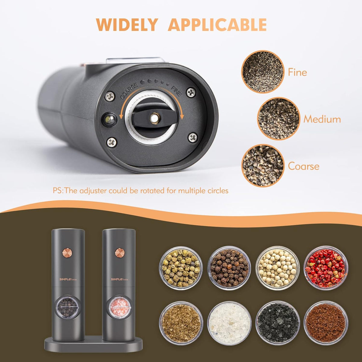 SIMPLETASTE Electric Salt and Pepper Grinder Set, One-Handed, Battery Powered, Adjustable Coarseness, LED Light, Pepper mills with stand, Seasoning Tools for Kitchen, Dining or Gifting
