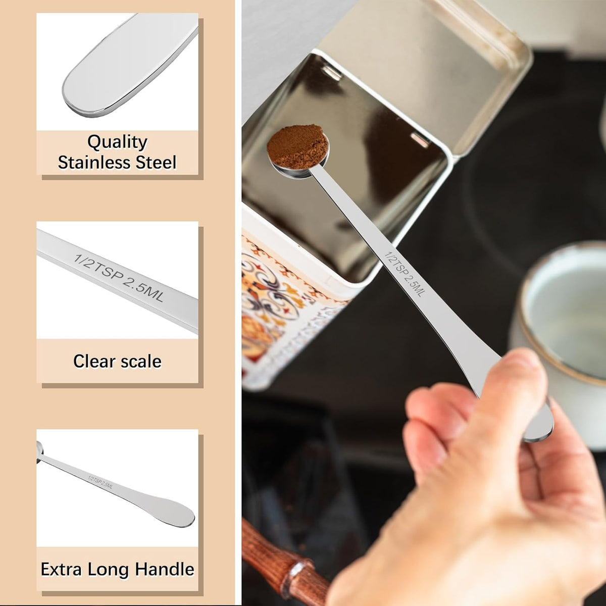 2PCS 1 Teaspoon(1tsp, 1/3tbsp, 5 ml) Single Measuring Spoon, Extra-long Handle Individual Measure Scoop, Stainless Steel Spoons Only