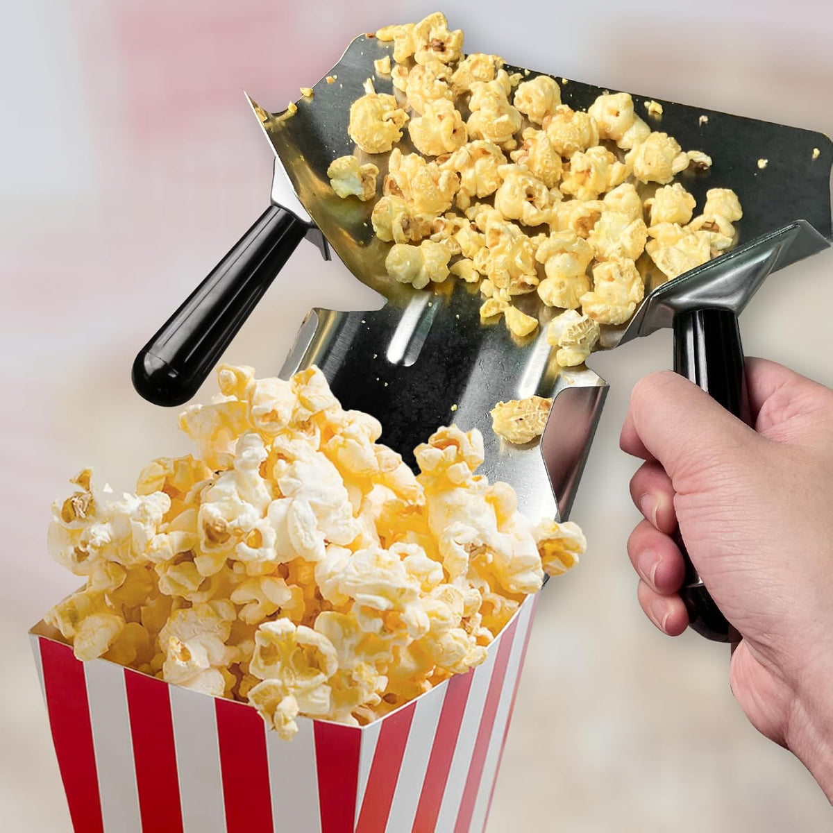 Stainless Steel French Fry Popcorn Scoop, Quick Fill Tool for Food Bags & Boxes, Multipurpose Utility Scooper for Bagger French Fries, Snacks, Desserts, Ice, Dry Goods(Dual Handle)