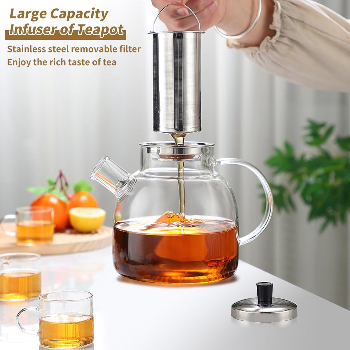 50OZ Glass Teapot With Infuser, Tea Pot for Stove Top, 1500ML Glass Tea Cup With Infuser and Lid, Microwave and Dishwasher Safe