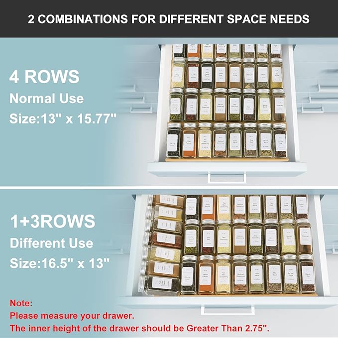 Spice Drawer Organizer with 24 Spice Jars and 216 Labels,Non-slip Rubber, Bamboo 4 Tier Spice Racks Tray Seasoning Containers for Kitchen Drawers,Cabinets,Countertops,13" Wide * 15.8" Deep