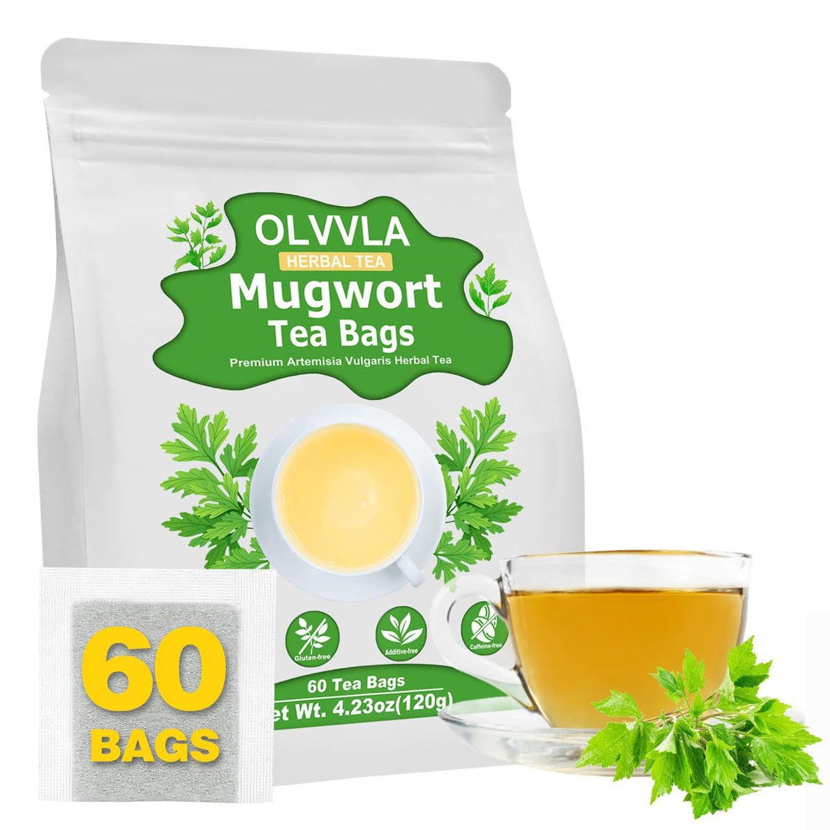 Olvvla - Premium Mugwort Tea - 2g X 60 Count - 100% Pure Natural Mugwort Tea Bag - Caffeine-free - Mugwort Herb Dried - Rich in Antioxidants & Support Digestion