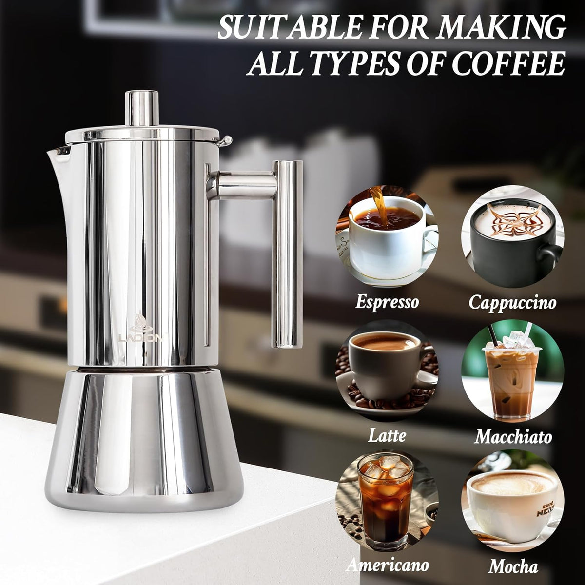 Stovetop Espresso Maker, 6Cup 10 oz Moka Pot, Stainless Steel Cuban and Italian Coffee Maker for Cafetera Cubana, Greca De Cafe Induction Stovetop Compatible, Coffee Gift for Home Travel