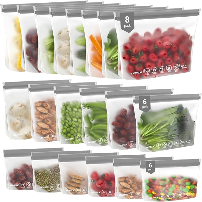 IDEATECH Food Storage Bags, BPA Free PEVA Reusable Gallon Freezer Bags, Reusable Sandwich Containers, Heallthy Food Bags Containers for Travel, Lunch(Grey, 24Pack-8Gallon+8Quart+8Snack)
