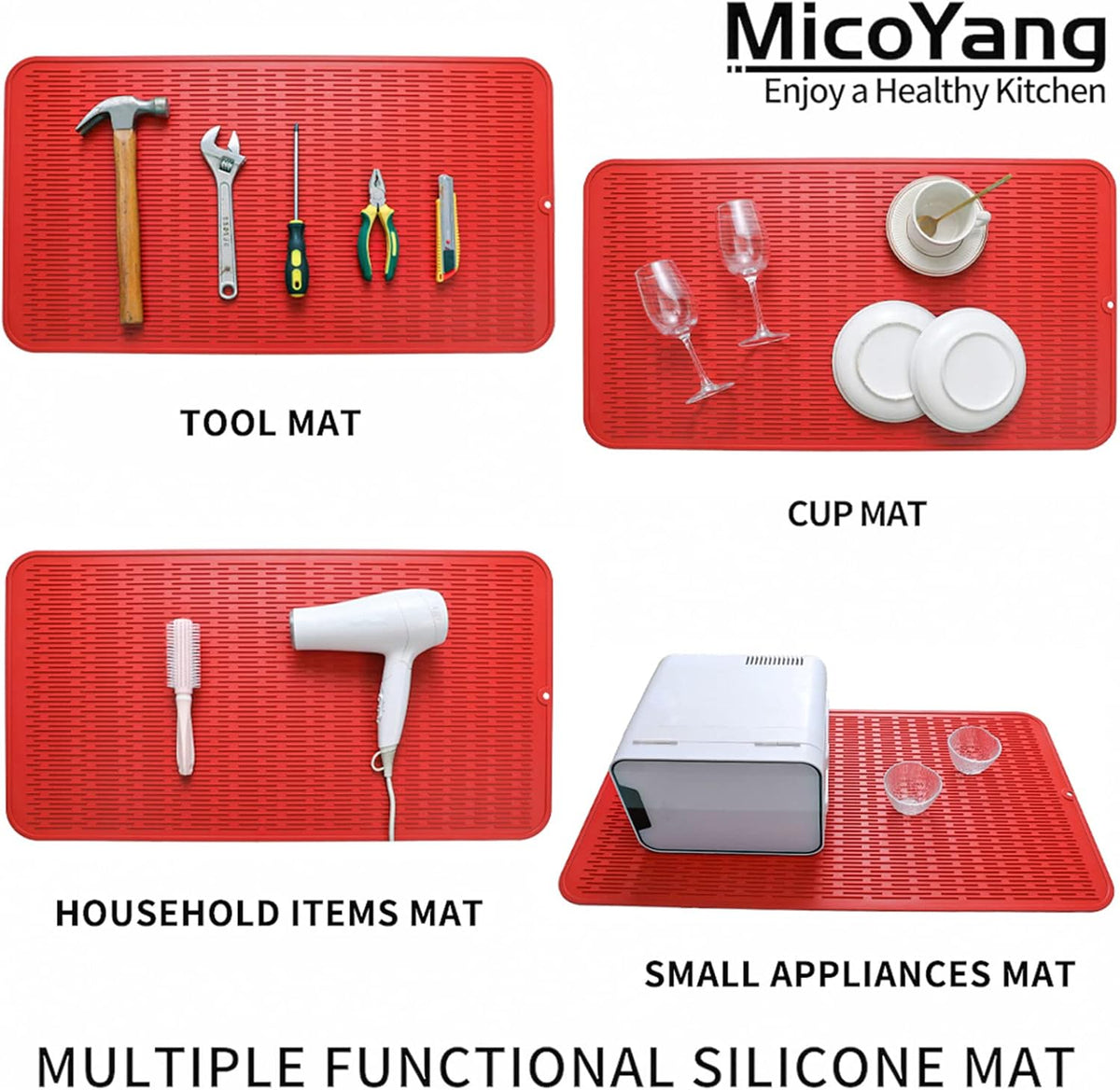 Silicone Dish Drying Mat for Multiple Usage,Easy clean,Eco-friendly,Heat-resistant Silicone Mat for Kitchen Counter or Sink,Refrigerator or Drawer Liner Red 4XL 32 inches x 18 inches