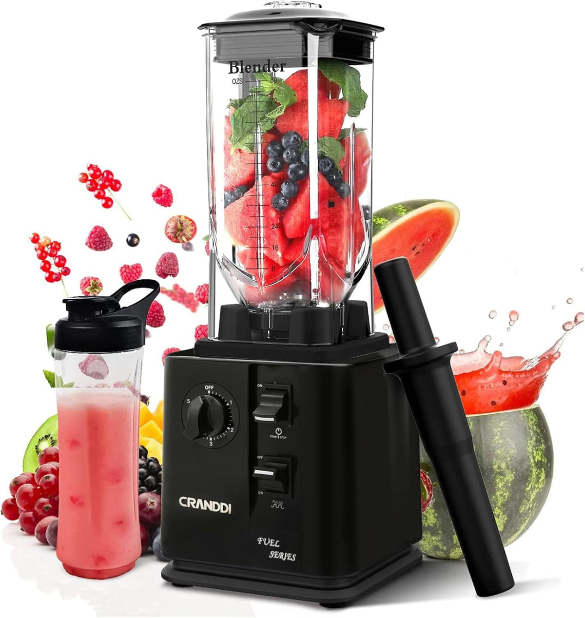 CRANDDI Commercial Blenders 1800W, 80oz Professional High-Speed Countertop Blenders for Smoothies, Self-Cleaning, Come with Tamper and 20oz to-go cup, K95 (Black)