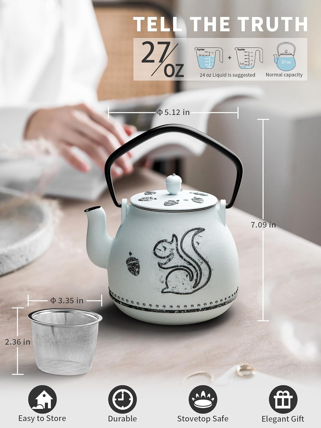 Toptier Teapot with Removable Infuser, Cast Iron Tea Kettle Stovetop Safe, Squirrel Design Tea Pot Coated with Enameled Interior for 32 Ounce (950 ml), Light Blue
