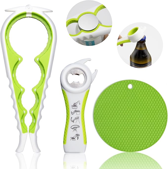 Jar Opener for Weak Hands, Seniors with Arthritis, 5 in 1 Multi Function Bottle Opener Lid Opener For Arthritic Hands with Non Slip Rubber Jar opener Gripper Pad