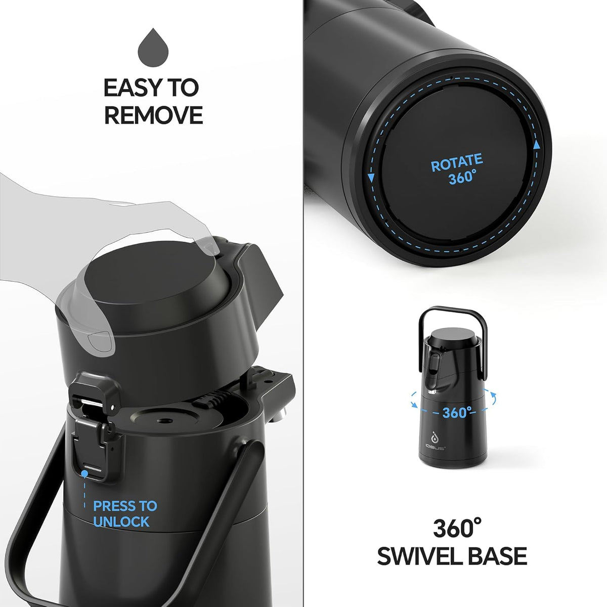 IDEUS Thermal Coffee Carafe 74oz (2,200ml), Stainless Steel Double Wall Insulated Vacuum Flask, Water Jug Coffee Server and Beverage Dispenser, Heat and Cold Retention (Black, 74oz (2,200ml))