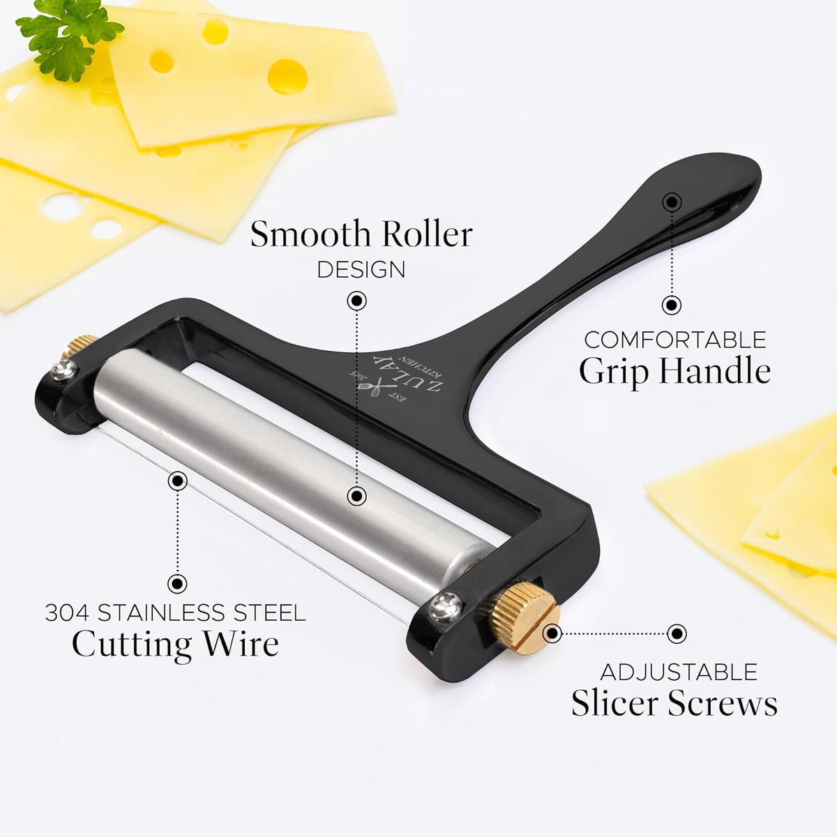 Zulay Kitchen Stainless Steel Wire Cheese Slicer - Adjustable Hand Held Cutter with 2 Extra Wires - Premium Cheese Shaver For Mozzarella, Cheddar, Gruyere - Black