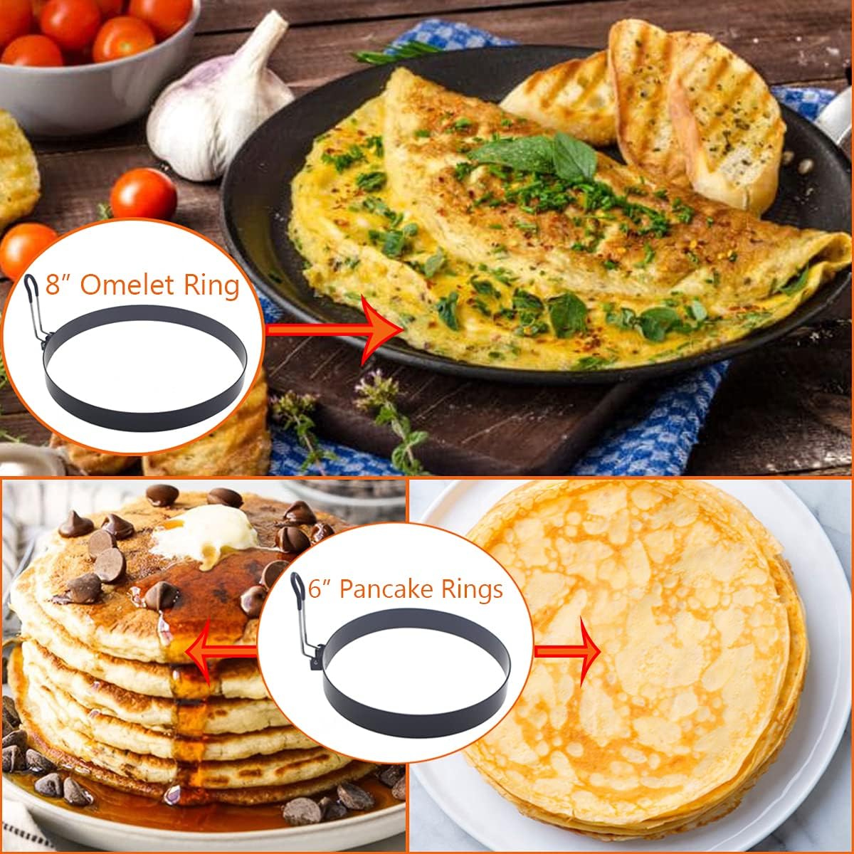 8" Omelette Ring,6" Pancake Ring,4" Griddle Egg Ring,Non-stick Stainless Steel Egg Cooker Omelet Ring Set(Upgrade Large 3 Packs Egg Cooking Rings for Griddle Frying Egg with Oil Brush & Egg Separator)