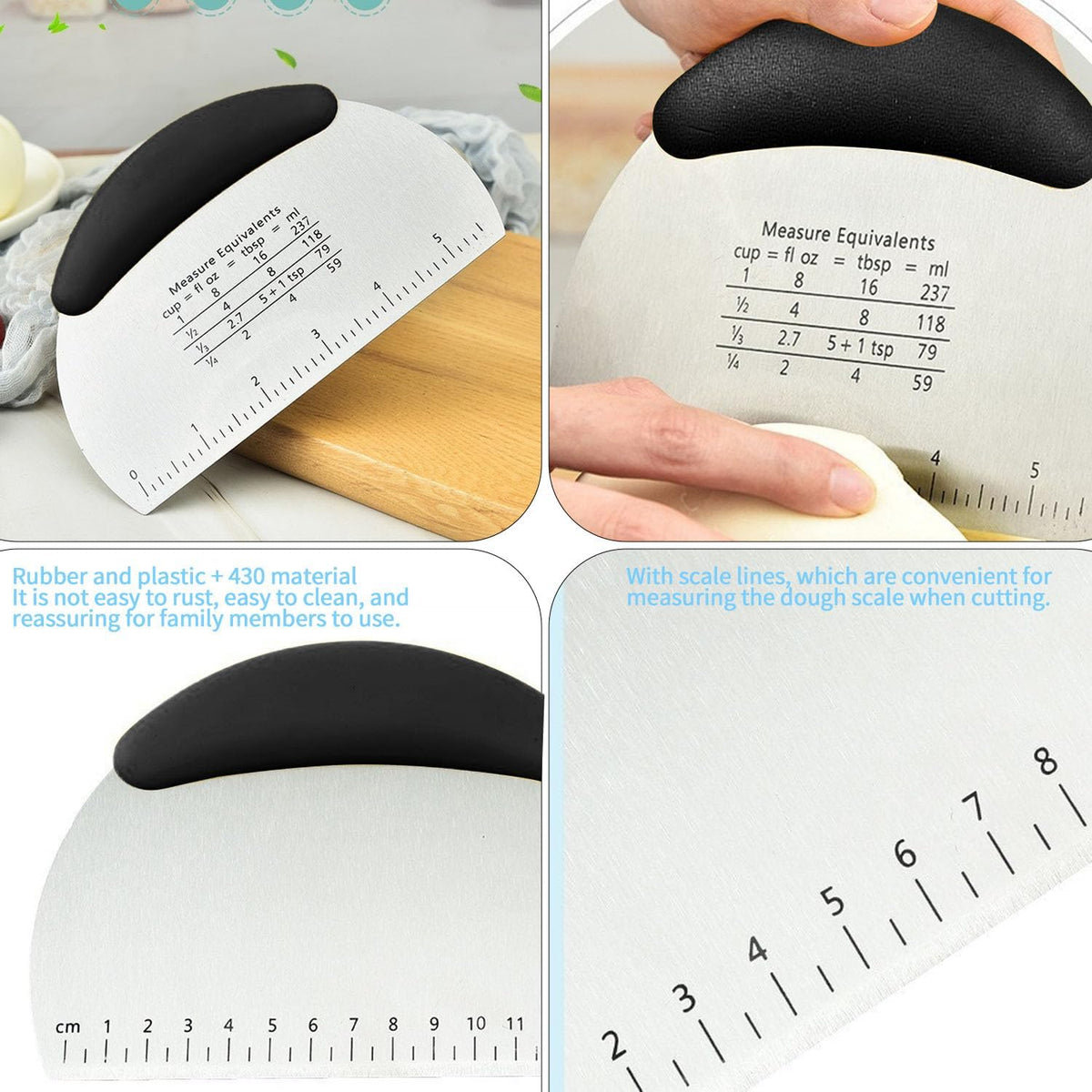 2PCS Dough Scraper Pastry Cutter Dough Cutter Stainless Steel Mirror Polished with Measuring Scale Multipurpose- Cake, Pizza Cutter Pastry Bread Separator Scale Knife (Blcak)