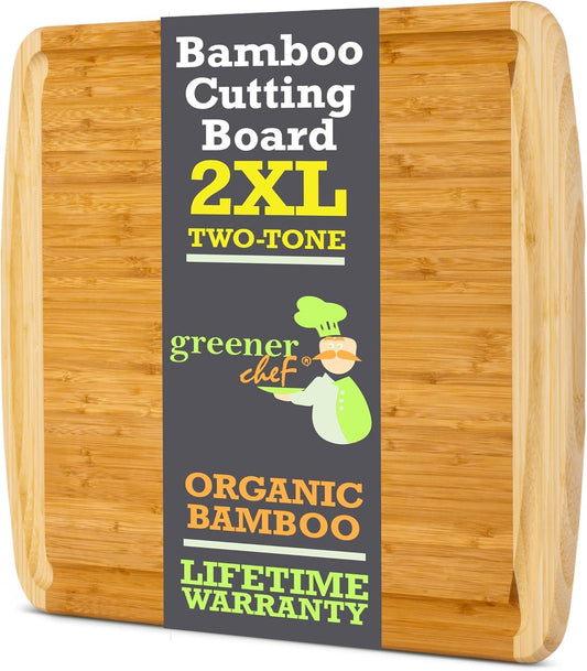 GREENER CHEF 24 Inch Bamboo Cutting Board with Lifetime Replacement - 2XL Extra Large Wooden Butcher Block for Kitchen, Stove Top, Meat, Vegetables, and Charcuterie with Deep Juice Grooves