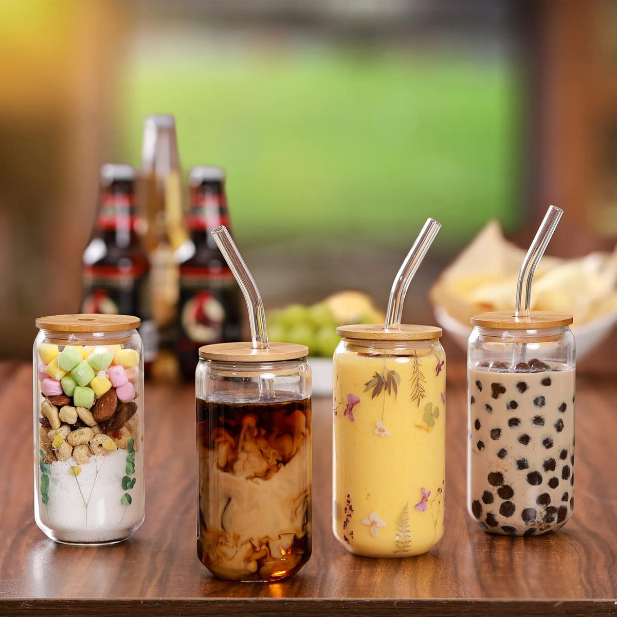 NETANY 2 Pack Glass Cups with Bamboo Lids and Straws 16 oz, Gifts for Women, Drinking glasses set, Iced Coffee, Tea Cup, Cute Aesthetics Tumbler Cup, Mothers Day, Birthday Gifts for Her Mom