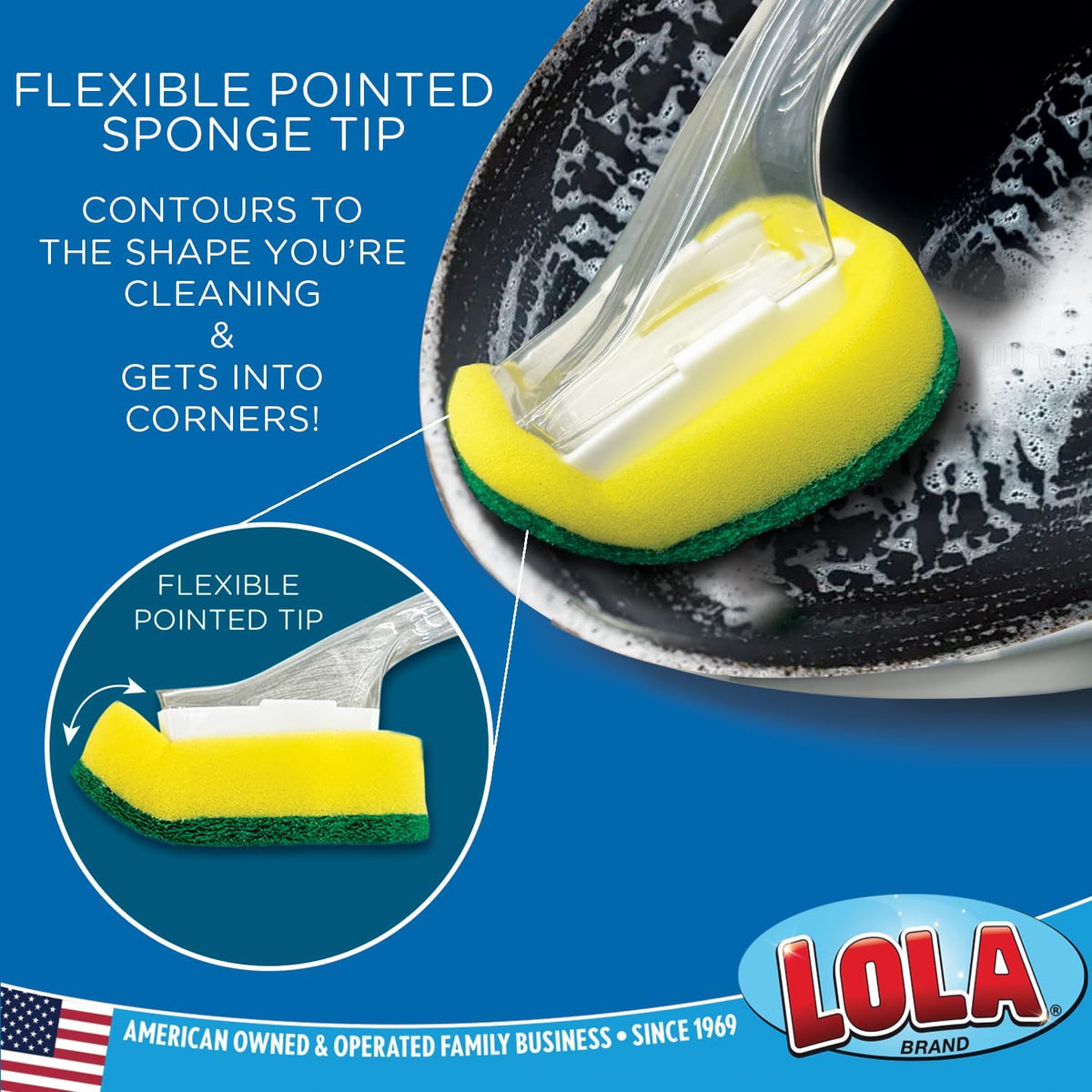 Lola Products Dish Brush w/Soap Dispenser Wand, Absorbent Sponge Scrubber, No Leaking. Clean Dishes and Sinks, 12 Brushes & Heads & 72 Refills