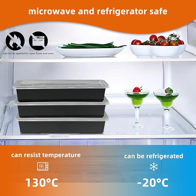 Disposable Food Storage Containers with Lids Meal Prep Compartment To Go Take Out Plastic Black, Sturdy Leakproof Food Safe, Microwave Freezer Dishwasher Safe (25, 1 compartment)