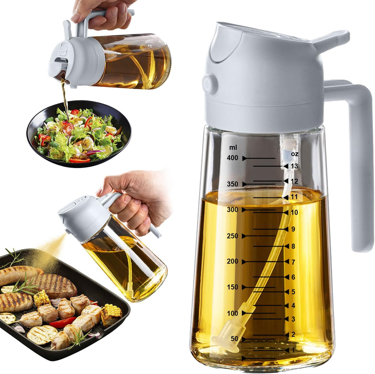 TrendPlain 16oz/470ml Glass Olive Oil Sprayer for Cooking – 2 in 1 Olive Oil Dispenser Bottle for Kitchen Gadgets and Air Fryer Accessories, Salad, BBQ - Ash