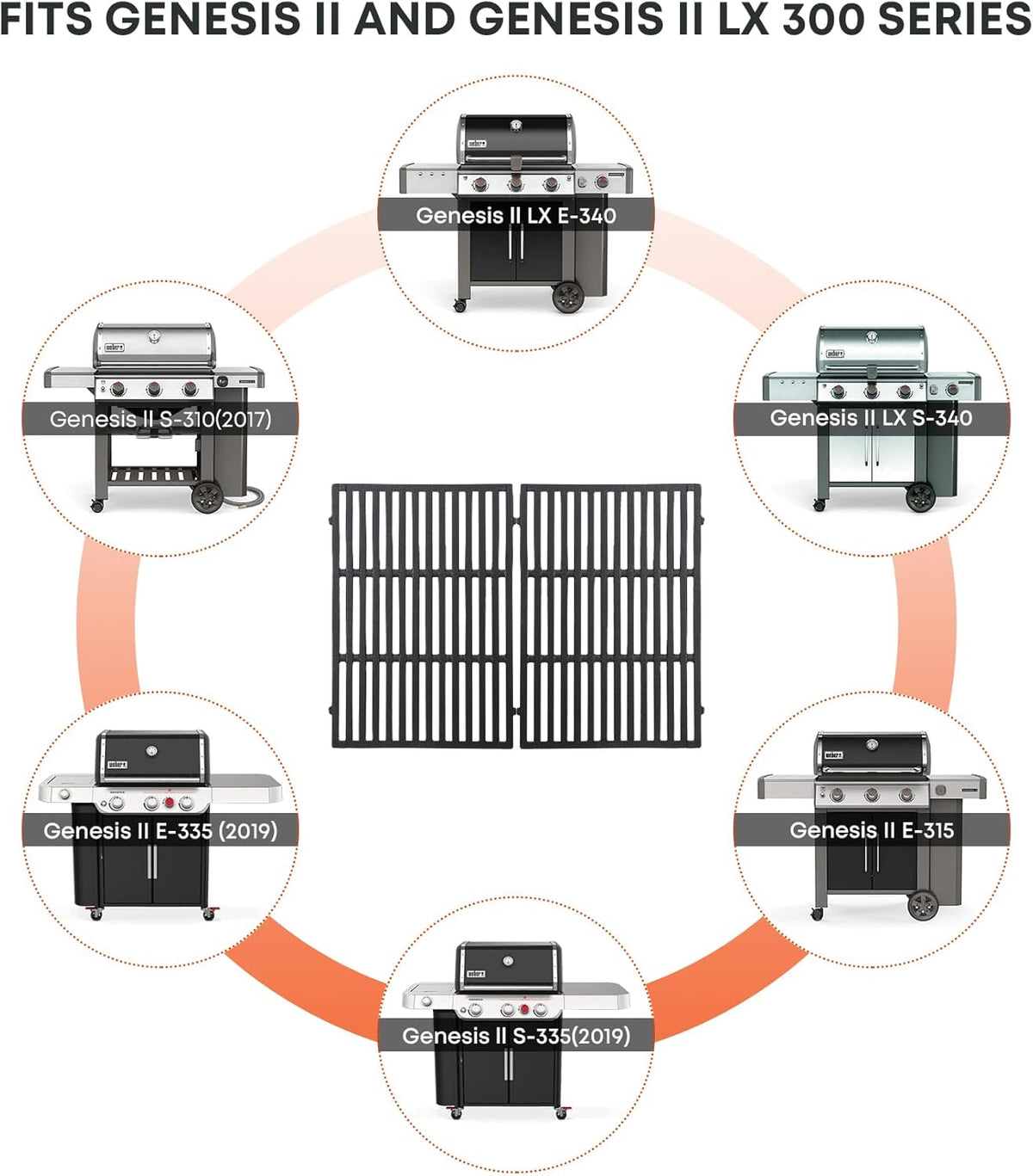 Stanbroil Cast Iron Cooking Grate for Weber Genesis II and Genesis II LX 300 Series Gas Grills - Grill Grid Grate for Weber Genesis 2022 - Replacement Parts for Weber 66095, Set of 2