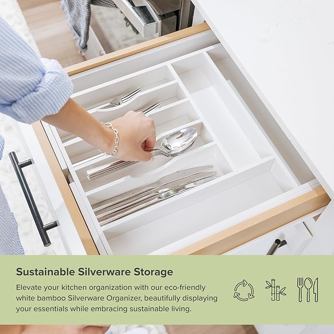 Premium Silverware, Flatware and Utensil Organizer for Kitchen Drawers, Food-Safe Contract Grade, Expandable from 14.5 to 25 In, White Bamboo