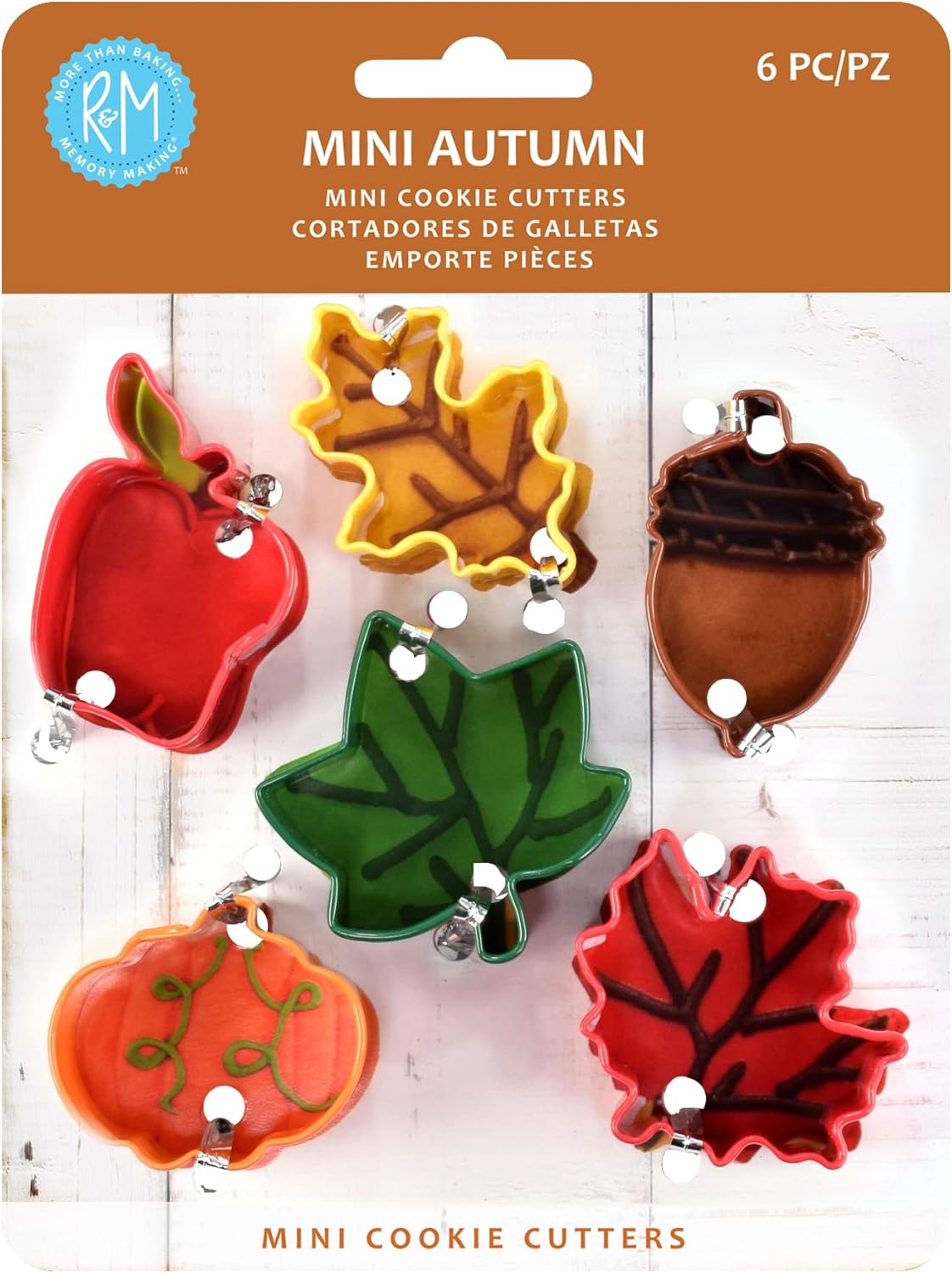 R&M International Mini Autumn Leaf Cookie Cutters, Apple, Pumpkin, Acorn, Oak, Ivy, Maple, 6-Piece Set