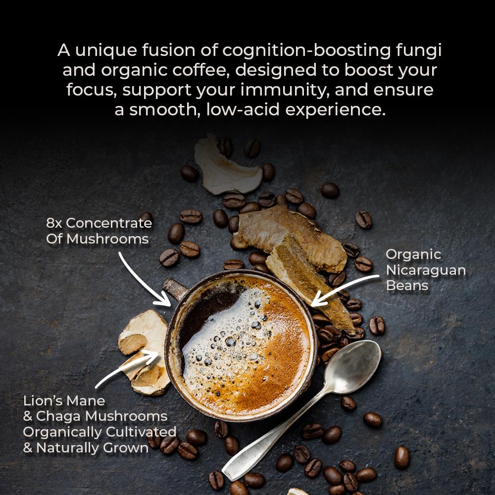 Lifeboost Cognition Adaptogenic Mushroom Coffee - Great Tasting Organic Lions Mane & Chaga Medium Roast Nootropic Coffee - Increase Energy, Boost Focus & Immune Support - 12 oz Bag - Ground
