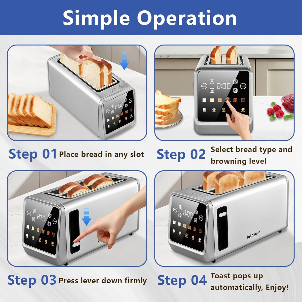 Smart Toaster 4 Slice, Touch Screen, Digital Toasters with 6 Browning Levels & 5 Bread Types, Bagel, Extra Long Wide Slots, Memory Function, Timer, 1400W, Stainless Steel