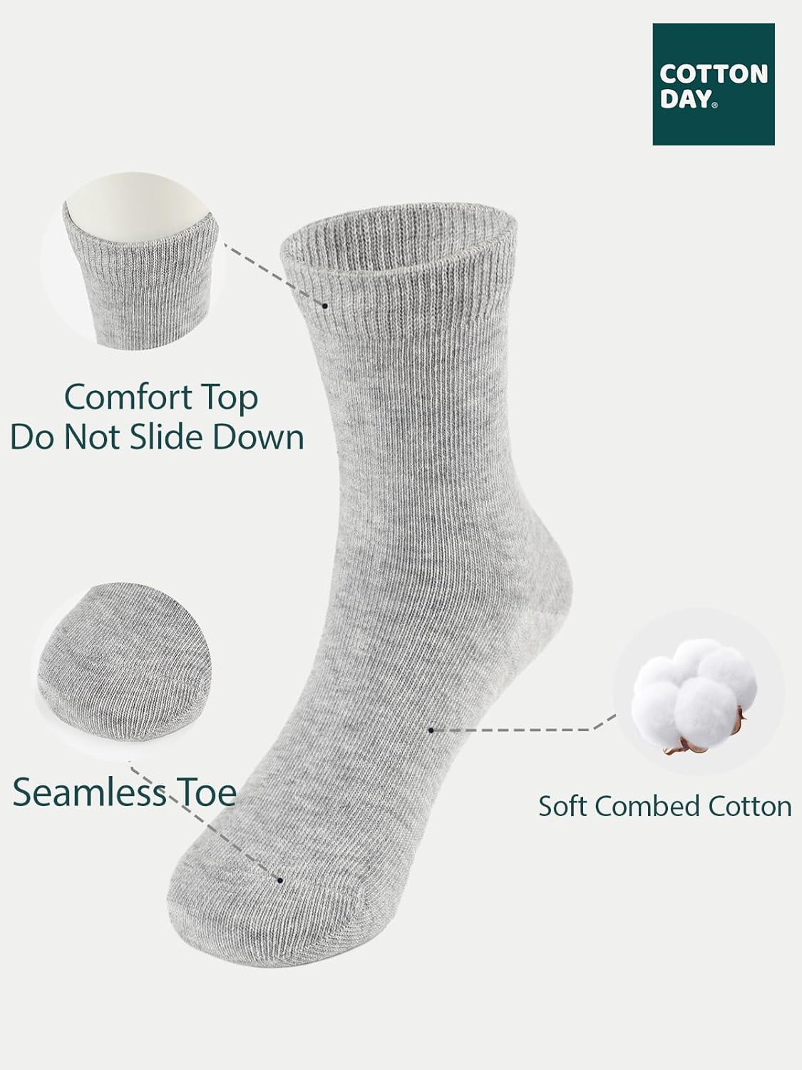 COTTON DAY Unisex Little Kids Youth Boys Girls Soft Cotton Crew Dress Socks Seamless Toe Black White Gray Navy 6 Pack