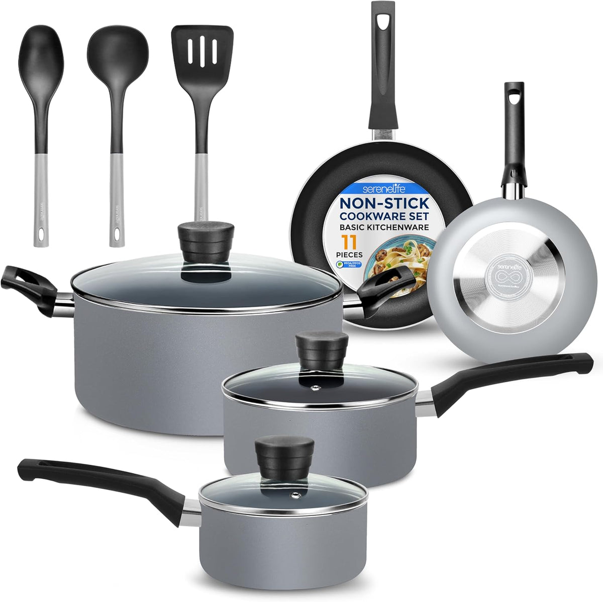 SereneLife Kitchenware Pots & Pans Basic Kitchen Cookware, Black Non-Stick Coating Inside, Heat Resistang Lacquer (11 Piece set), One Size, Gray