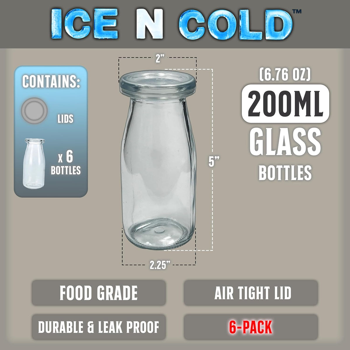 6.76 oz / 200ml Vintage Glass Bottle with Leakproof Clear Lid, Reusable & Eco-Friendly – Ideal for Milk, Juices, Smoothies, Infused Water, BPA-Free Glass Bottle (6-Pack)