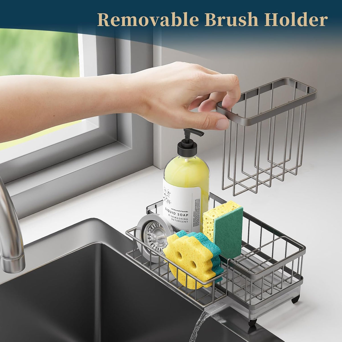 Consuemst Sponge Holder for Kitchen Sink - Auto Draining Sink Caddy Organizer with Detachable Rack, High Brush Holder, Kitchen Countertop Storage Accessories, Sand Nickel