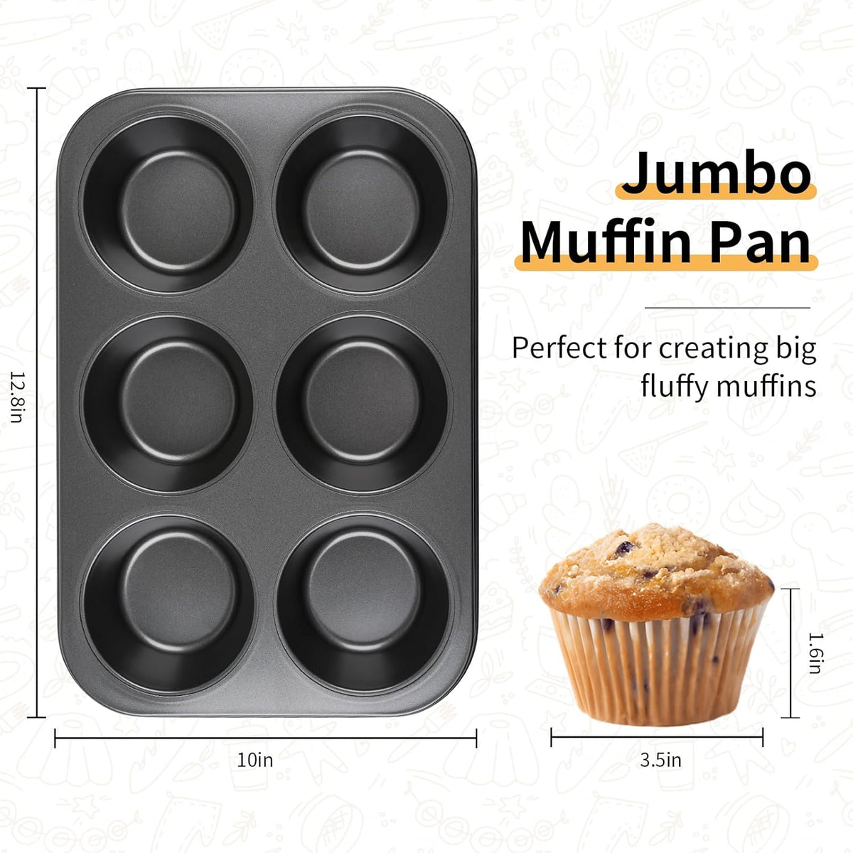 Jumbo Muffin Pan 6-Cups Cupcake Pan, Premium Large Muffin Tin for Baking, Non-Stick and Thickened Carbon Steel Jumbo Cupcake