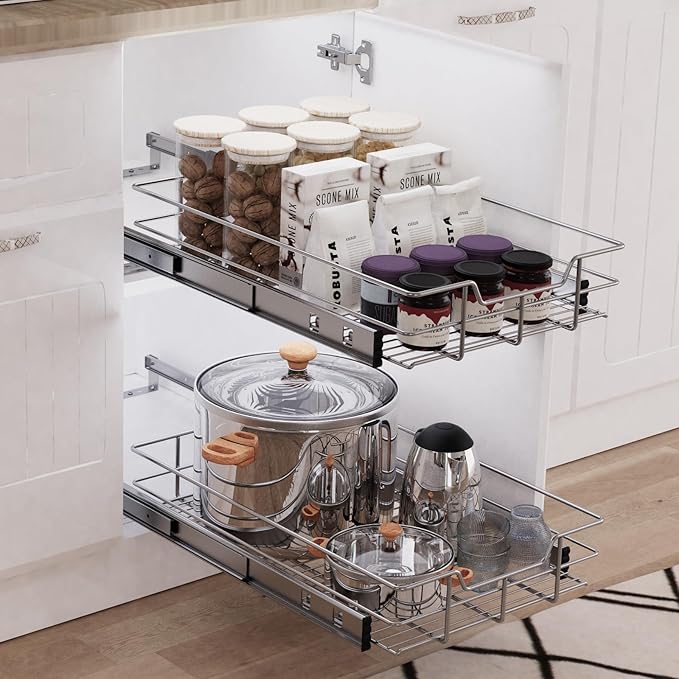 Pull Out Cabinet Organizer 11" W X 22" D, Slide Out Drawers For kitchen organizers and storage, Pull Out Drawers For Cabinets Capacity Heavy Duty Caddy, Cabinet Shelves Chrome-Plated, Bathroom Pantry