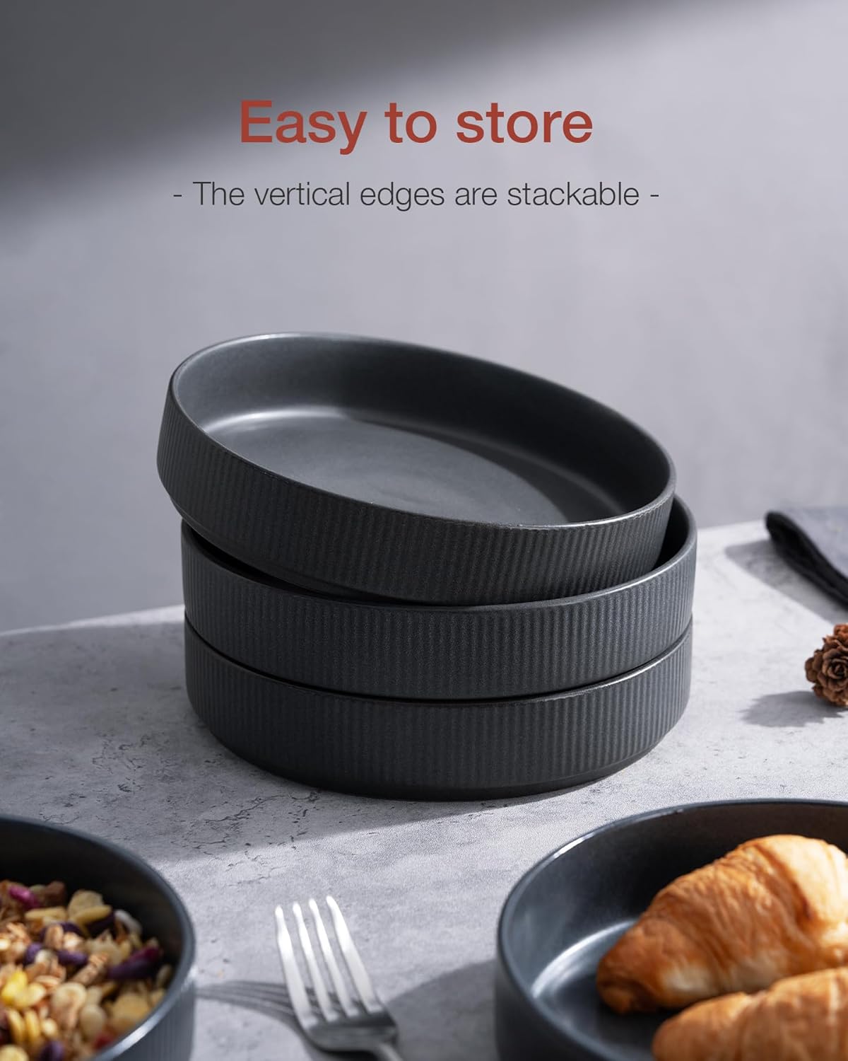 famiware Star 7.5" Pasta Bowls Set, Salad Bowl Set of 6, Double Reactive Glaze, Stackable, Perfect for Your Friend for Housewarming, Thanksgiving, Christmas, Matte Dark Charcoal (Full Glaze)