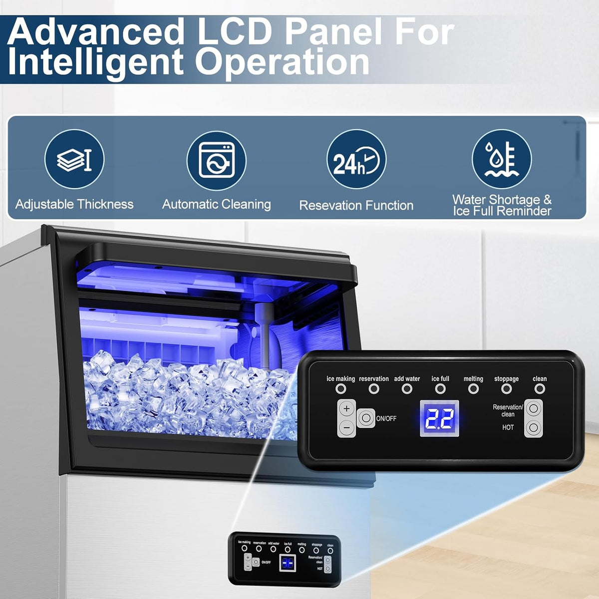Commercial Ice Maker Machine 130Lbs/24H with 2 Water Inlet Modes, 36Pcs Ice Cubes in 8-15 Mins, Stainless Steel Under Counter/Freestanding Ice Machine with 25Lbs Storage Bin for Home/Shop/Office/Bar