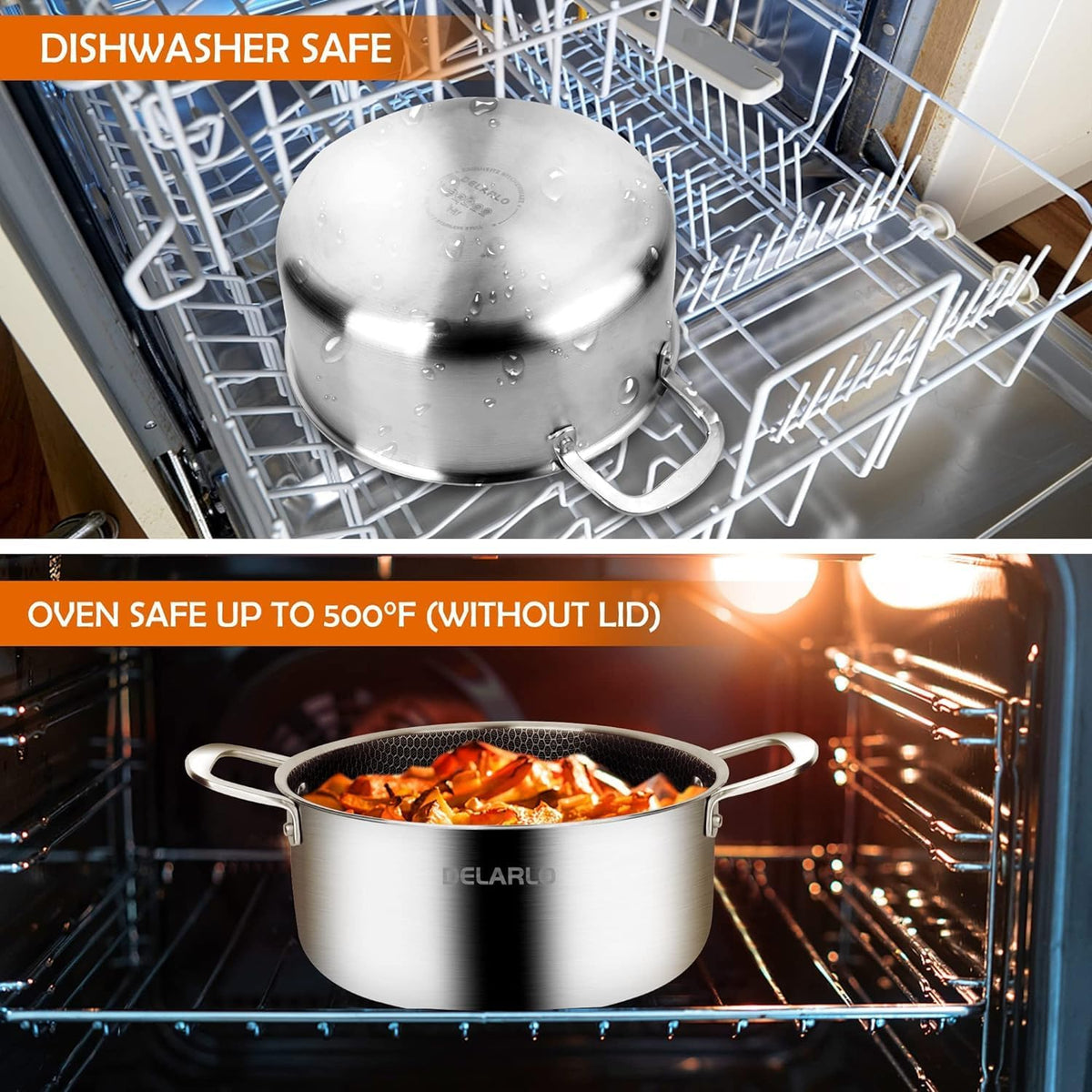 DELARLO Tri-Ply Stainless Steel Stock Pot, 5QT Non Stick Pots, Induction Ready, Cooking Pots with Lids, Stockpot 600℉ Oven Safe, 18/8 Food Grade Cookware, Soup Pot, Energy Saving, Lids 350℉