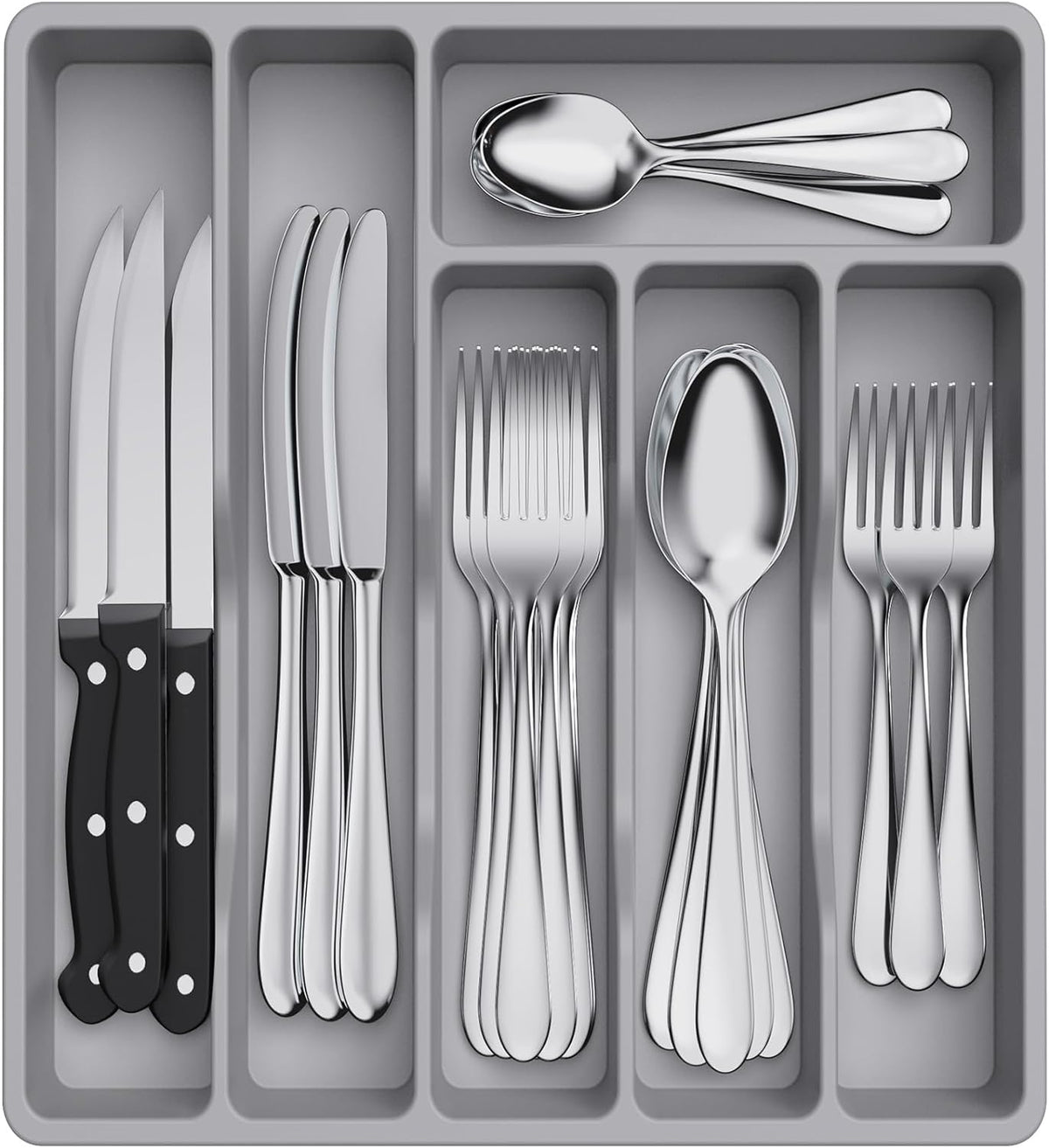 Lifewit Silverware Drawer Organizer Tray, Plastic Cutlery Storage for Kitchen Drawer, Flatware and Utensil Holder Divider for Spoons Forks Knives Tableware, 6 Compartment, Gray