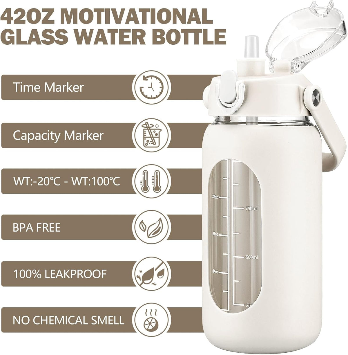 kytffu 42oz Glass Water Bottles with Straw, Motivational Glass Bottle with Silicone Sleeve and Time Marker, Leakproof Large Glass Water Jug for Gym Home Office,White