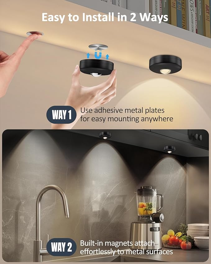 Yiliaw LED Puck Lights with Remote, Magnetic AAA Battery Operated Light, Under Cabinet Lighting, Tap Lights with Dimmer & Timmer for Kitchen, Closet, Shelf - 12 Pack, Black