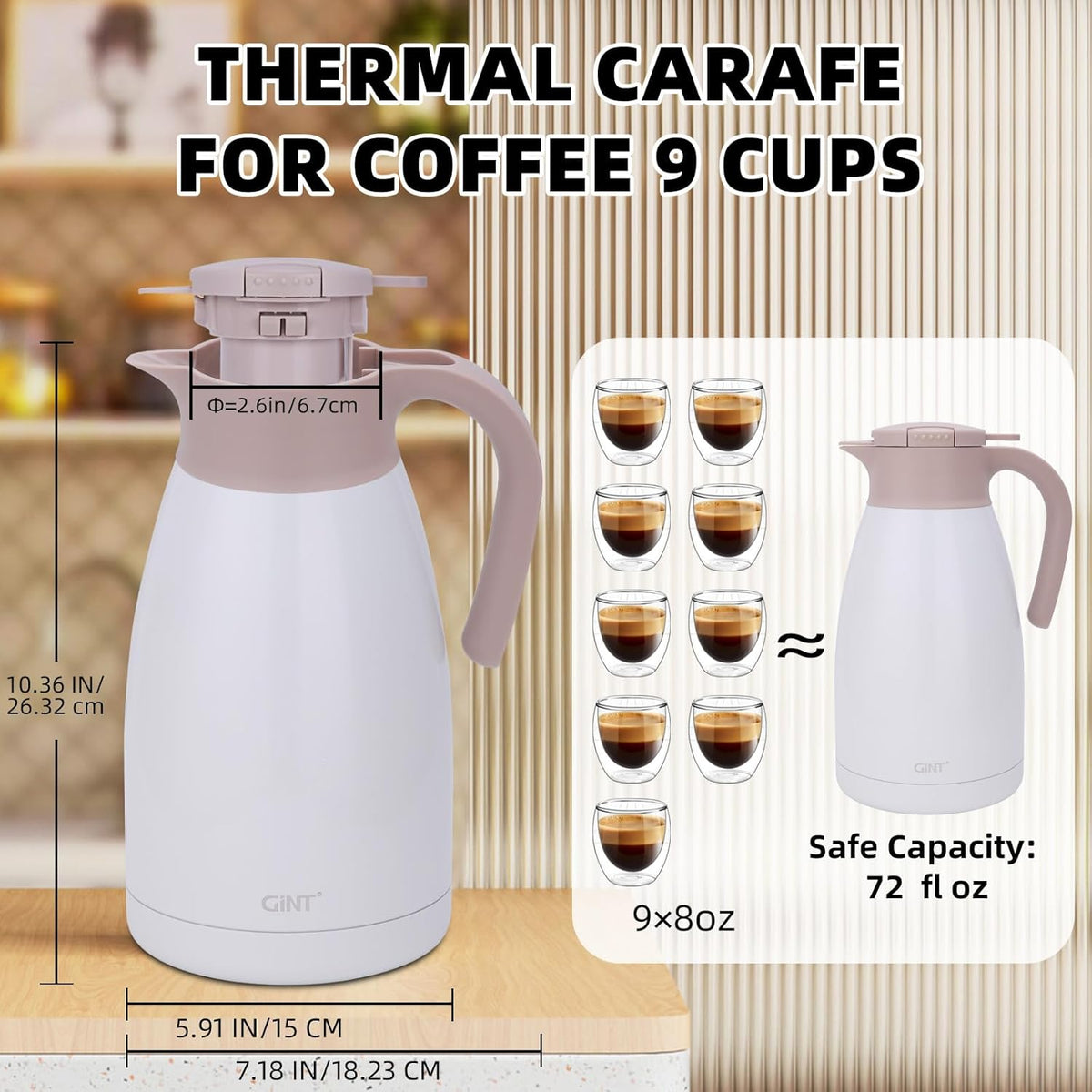 GiNT 2.2L / 74Oz Thermal Coffee Carafe, Insulated Stainless Steel Coffee Carafes for Keeping Hot/Double Walled Vacuum Thermal Carafe (White)