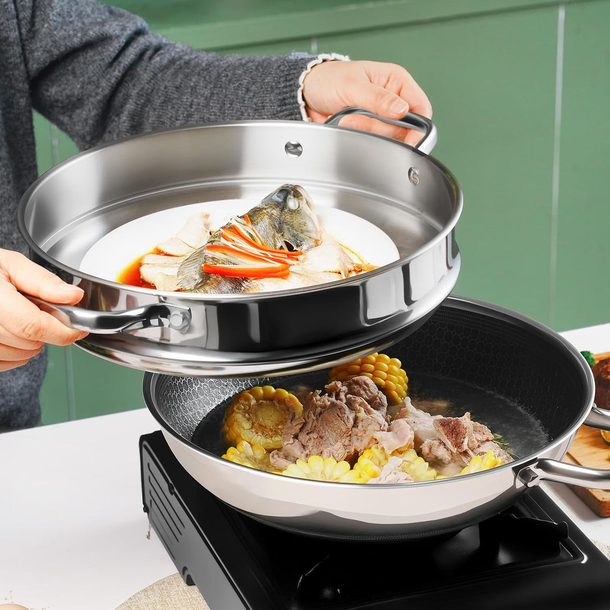 Hybrid 12-Inch Wok with Steamer,Nonstick Stainless Steel Woks & Stir-fry pans with Lid,Stay-Cool Handle,PFOA Free Cookware,Dishwasher and Oven Safe, Works on Induction