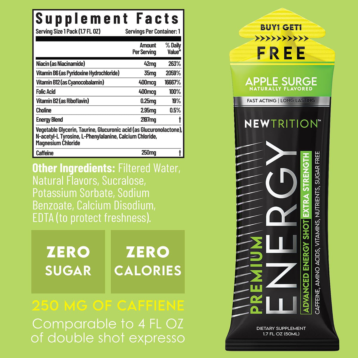 NewTrition® Extra Strength Energy Shots, 250mg Caffeine Energy Shots with Vitamin B & Amino Acids, Sugar-Free Vitamin Energy Shot, 1.7 fl oz (Pack of 6, Apple Surge)