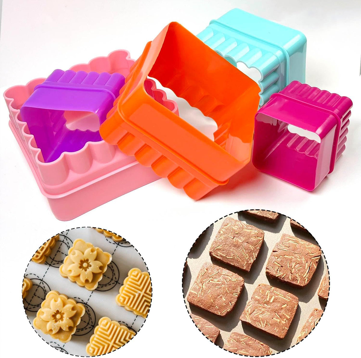 Cookie Biscuit Cutter Set, Two Side Cookie Cutters Plastic Set Multi-size Cake Fruit Vegetable Shapes Cutter Random color (Square Shaped, 5 Pack)
